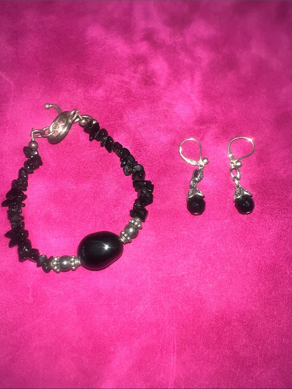 Black onyx Beaded Bracelet and Dangle gem cut earrings with sterling silver set